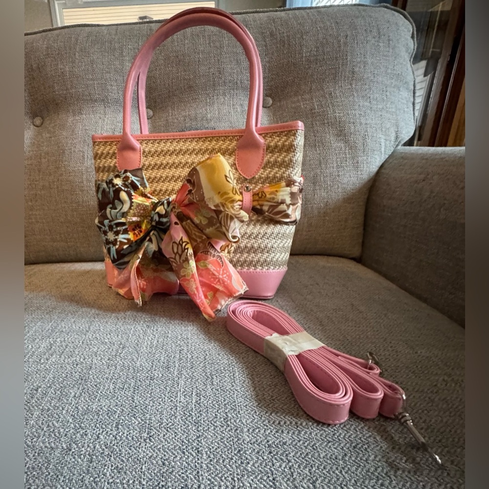 Pink and Tan Women's Tote Bag with Floral Bow